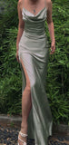 Simple Mermaid Spaghetti Straps Elegant Formal Sage Long Prom Dresses PD319