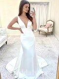 Simple Mermaid V-Neck Princess Garden Beach Vintage Long Wedding Dresses, Bridal Gown WD442