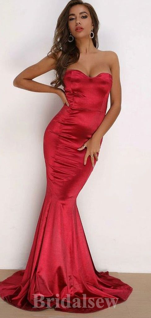 Simple Red Mermaid Strapless Modest Long Elegant Evening Prom Dresses PD1030