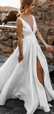 Simple Satin A-line Beach Modest Long Wedding Dresses WD070