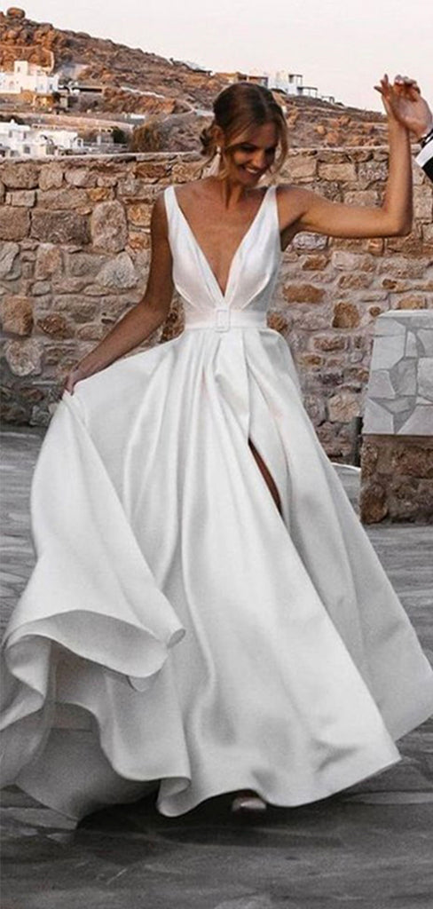 Cheap Simple Satin Wedding Dresses Plunging V-neck Bridal Dress