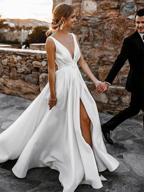 Simple Satin A-line Beach Modest Long Wedding Dresses WD070