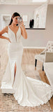 Simple Satin V-Neck Mermaid Classic Slit Beach Vintage Long Wedding Dresses WD393