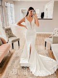 Simple Satin V-Neck Mermaid Classic Slit Beach Vintage Long Wedding Dresses WD393