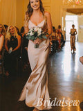 Simple Spaghetti Straps Champagne Prom Dress with Slit BD063