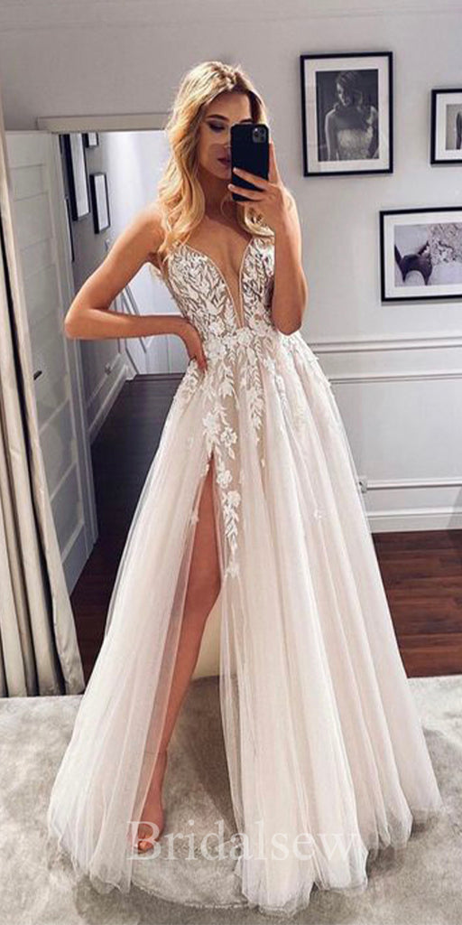 Spaghetti Straps A-line Classic Country Fairy Lace Beach Vintage Long Wedding Dresses WD294