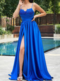 Spaghetti Straps Aline Royal Blue Blue Party Long Prom Dresses with Split PD197