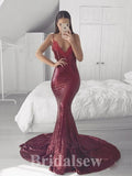 Spaghetti Straps Dark Red Mermaid Sparkly Sequin Long Evening Prom Dresses PD1197