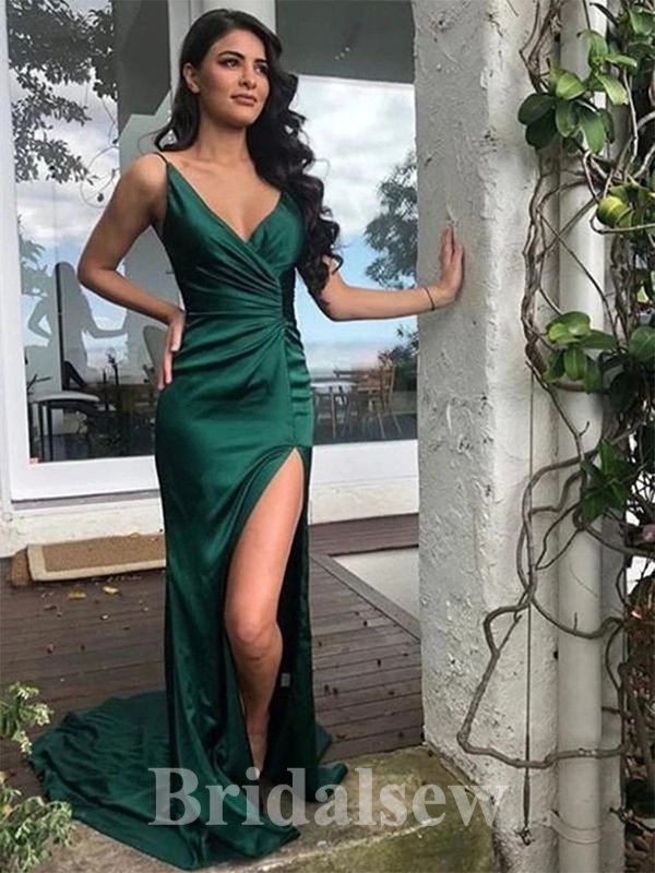 Spaghetti Straps Green Slit Elegant Mermaid Formal Long Evening Prom Dresses PD1053