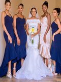 Spaghetti Straps High Low Navy Blue Mermaid Bridesmaid Dresses BD014
