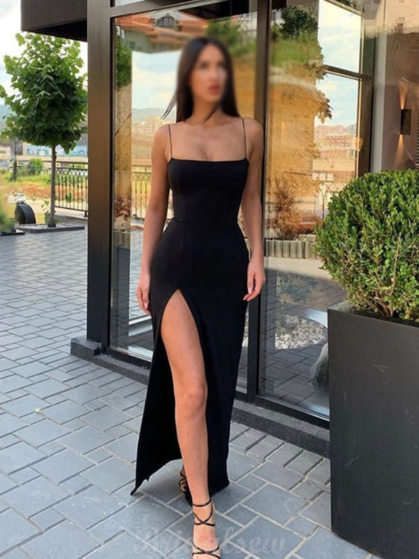 Spaghetti Straps Mermaid Black Side Slit Formal Simple Prom Dresses PD065