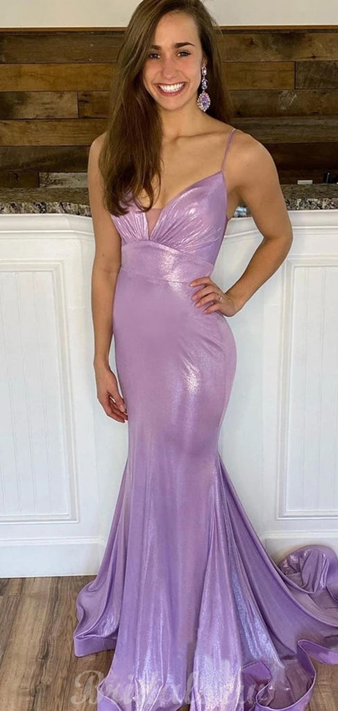 Spaghetti Straps Sequin Lilac Sparkly Mermaid Simple Long Prom Dresses PD001