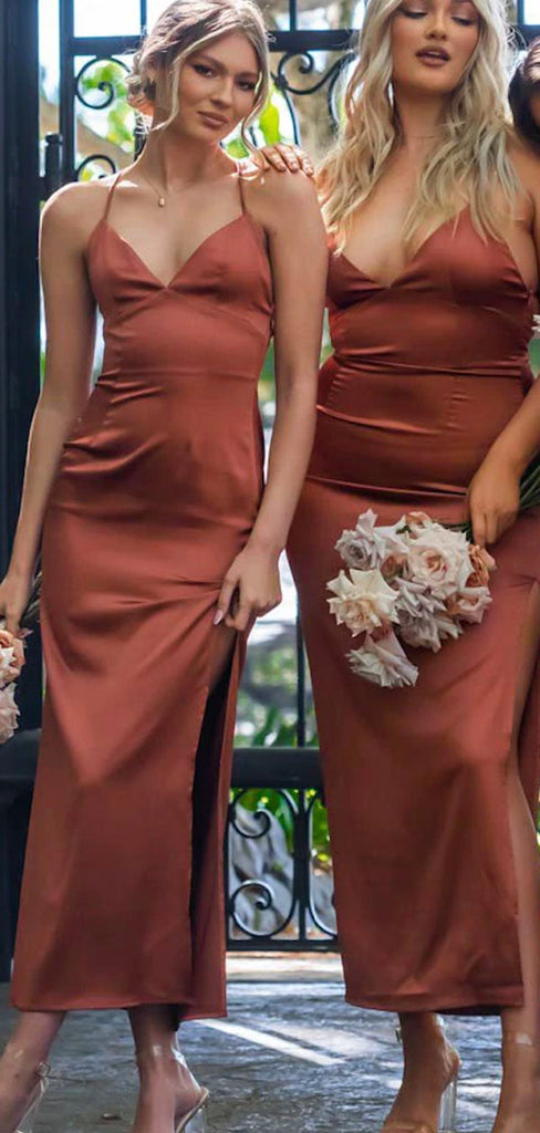 Spaghetti Straps Simple Elegant Side Slit Formal Bridesmaid Dresses BD129