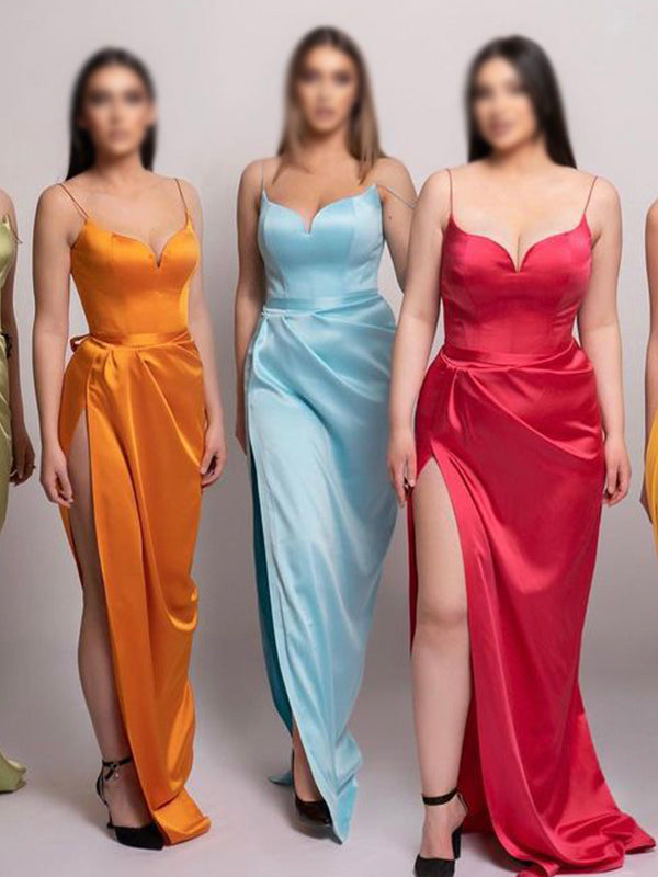 Spaghetti Straps Yellow Red Blue Satin Unique Plus Size Elegant Long Beach Formal Bridesmaid Dresses BD228