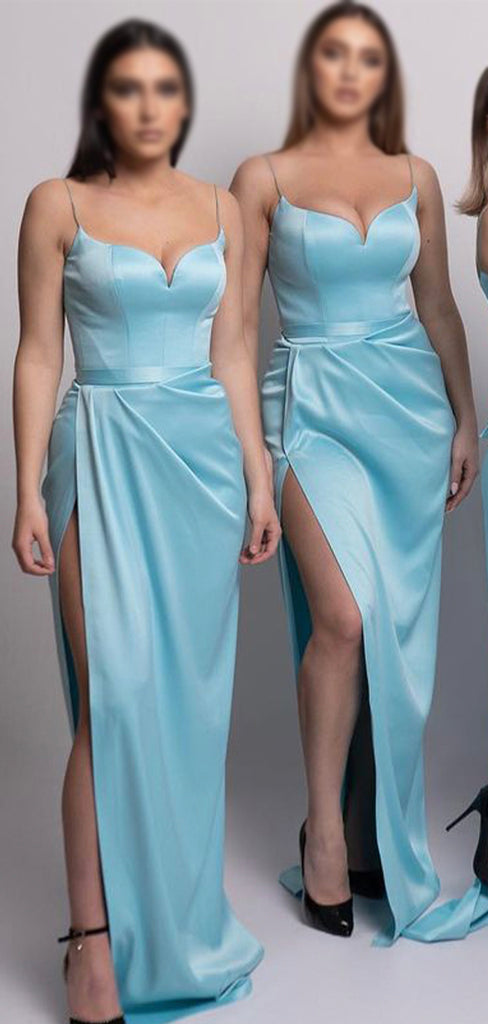 Spaghetti Straps Yellow Red Blue Satin Unique Plus Size Elegant Long Beach Formal Bridesmaid Dresses BD228