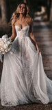 Sparkly A-line Gorgeous Vintage Lace Romantic Beach Long Wedding Dresses WD159