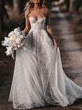 Sparkly A-line Gorgeous Vintage Lace Romantic Beach Long Wedding Dresses WD159