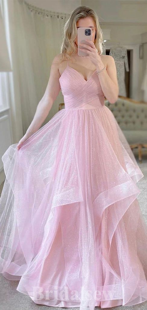 Sparkly Princess Modest Spaghetti Straps pink Long Women Evening Prom Dresses PD818