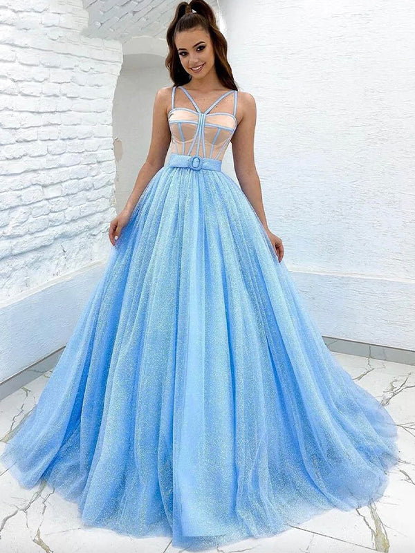 Sparkly Sequin Princess Modest Spaghetti Straps Blue Long Women Evening Prom Dresses PD817