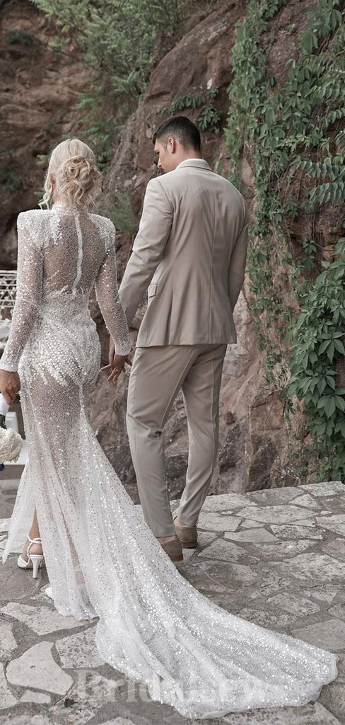 Sparkly Sequin long Sleeves Brilliant Mermaid Garden Vintage Dream Beach Long Wedding Dresses WD509