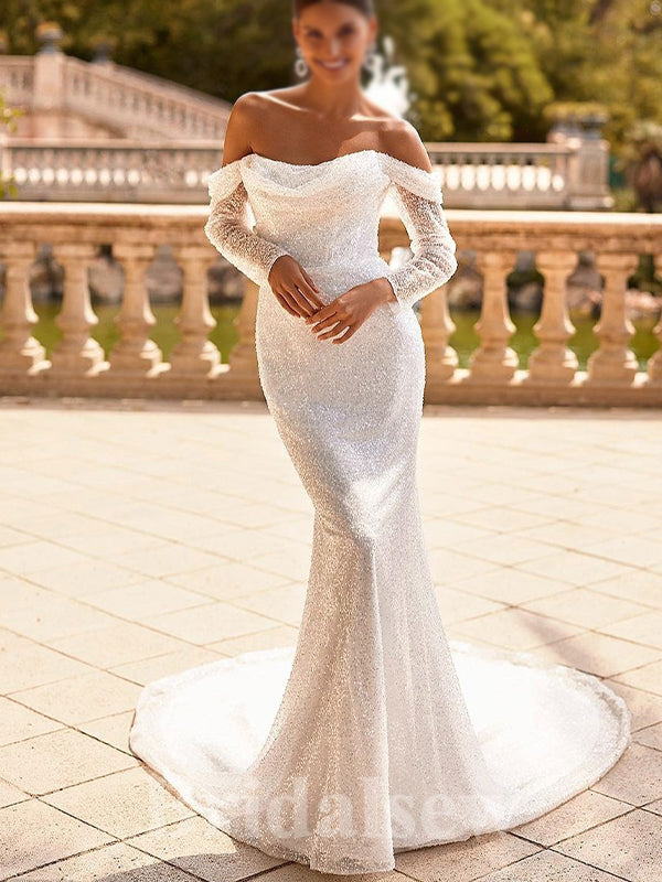 Sparkly Sequin long Sleeves Elegant Mermaid Garden Vintage Dream Beach Long Wedding Dresses WD508