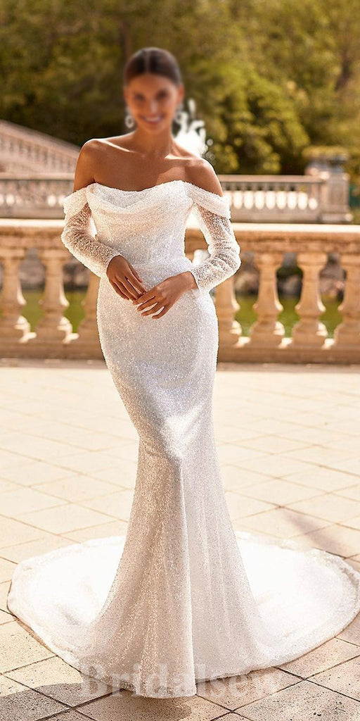 Sparkly Sequin long Sleeves Elegant Mermaid Garden Vintage Dream Beach Long Wedding Dresses WD508