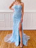 Mermaid Strapless Sky Blue Lace Prom Dresses with High Split PD022