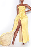 Strapless Unique High Slit Mermaid Satin Elegant Long Women Evening Prom Dresses PD799