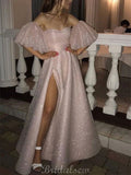 Stunning Pink Off the Shoulder Puffy Length High Slit Prom Dresses PD015
