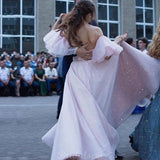 Stunning Pink Off the Shoulder Puffy Length High Slit Prom Dresses PD015