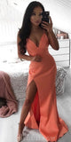 Stylish V-Neck Strappy High Slit Floor Length Prom Dresses in Orange PD013