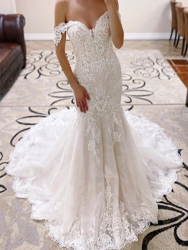 Trumpet Luxury Mermaid Off the Shoulder Vintage Lace Long Wedding Dresses WD140