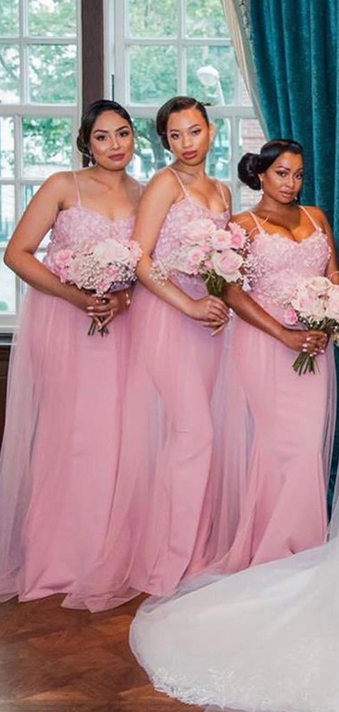 Unique Pink Spaghetti Straps Mermaid Long Formal Bridesmaid Dresses BD091