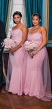 Unique Pink Spaghetti Straps Mermaid Long Formal Bridesmaid Dresses BD091
