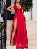 Unique Red Satin V-Neck Sexy Stylish Elegant Long Women Evening Prom Dresses PD792