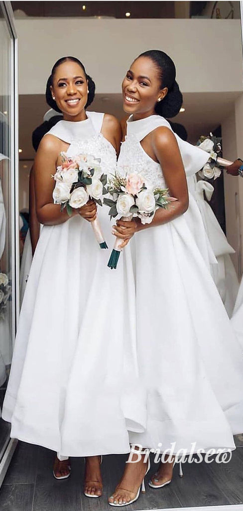 Unique Short A-line White Satin Bridesmaid Dresses BD065
