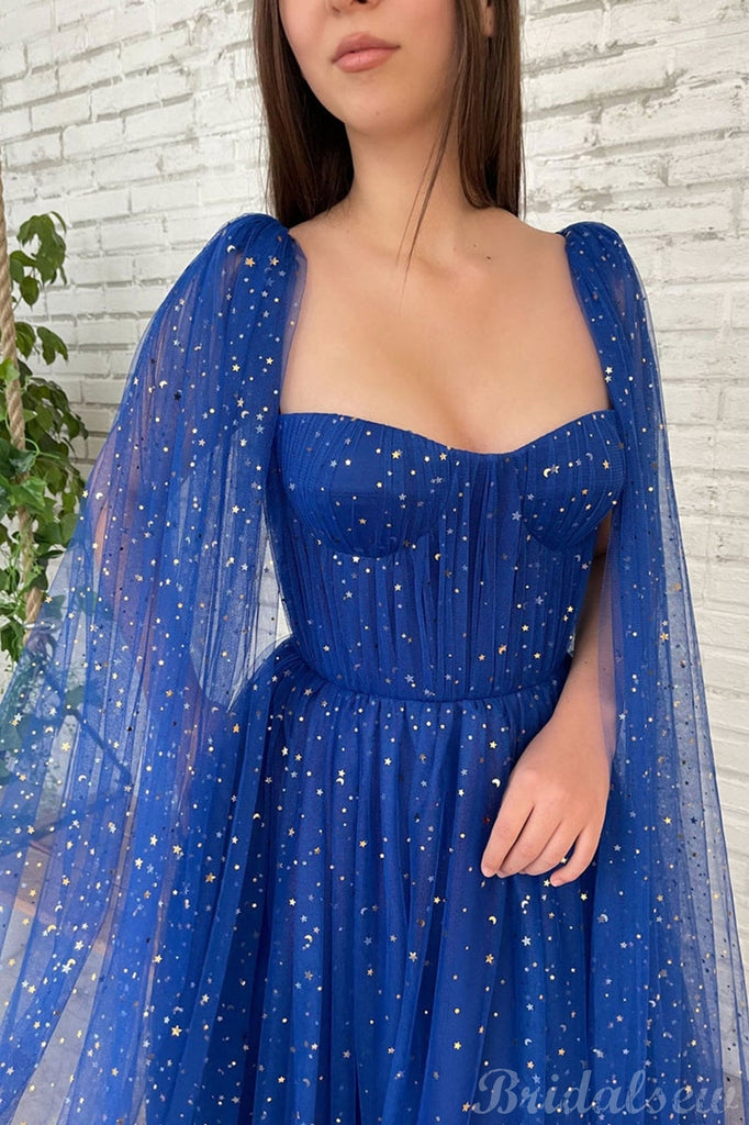 Unique Sparkly Sequin Tulle Blue Long Prom Dresses, Formal Evening Dresses PD261