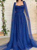 Unique Sparkly Sequin Tulle Blue Long Prom Dresses, Formal Evening Dresses PD261