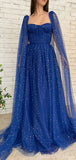 Unique Sparkly Sequin Tulle Blue Long Prom Dresses, Formal Evening Dresses PD261