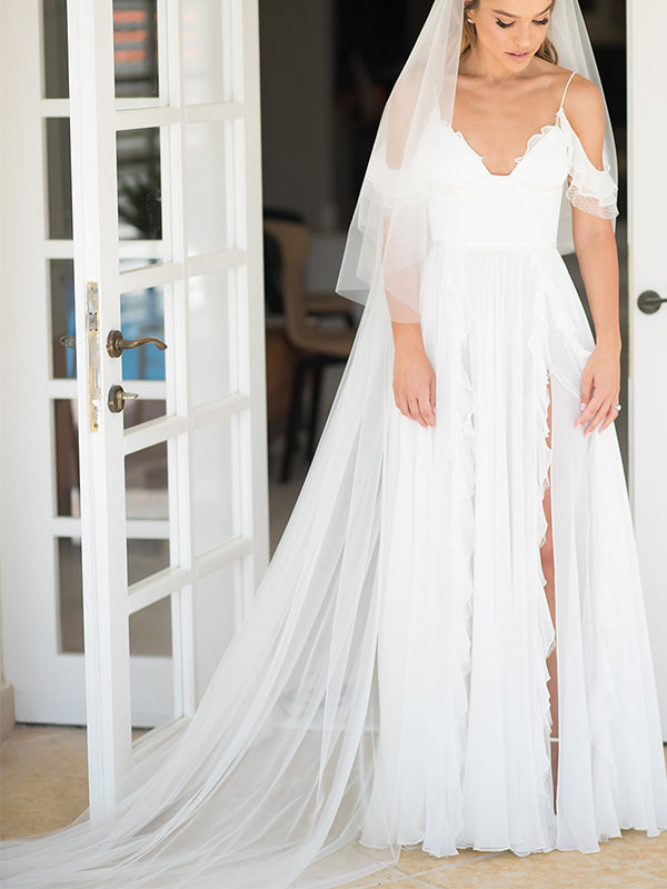 A-line Chiffon Unique Charming Beach Long Wedding Dresses, Bridal Gown WD086