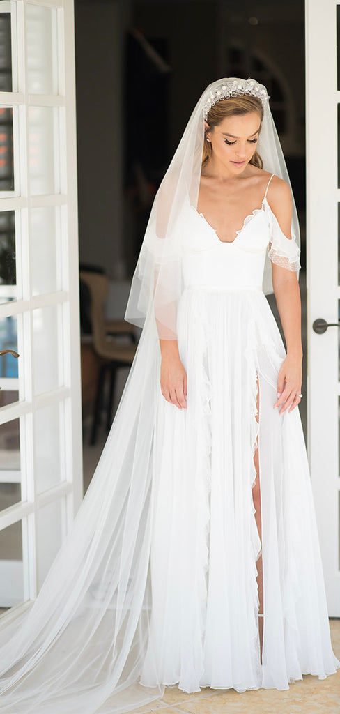 A-line Chiffon Unique Charming Beach Long Wedding Dresses, Bridal Gown WD086