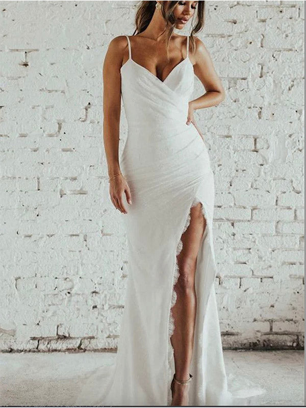V-Neck Simple Open Back Mermaid Vintage Garden Beach Long Wedding Dresses WD208