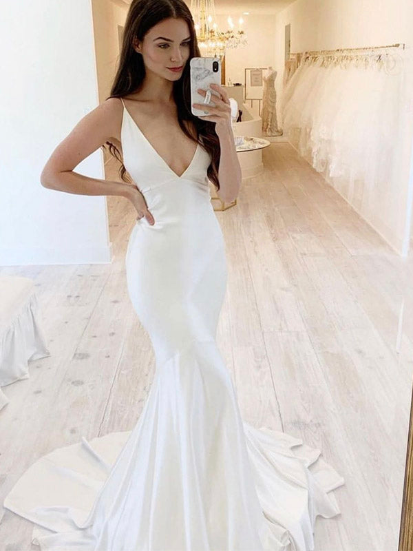 V-Neck Simple Romantic Mermaid Vintage Garden Beach Long Wedding Dresses WD207