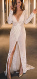 V-Neck Sparkly Sequin Long Sleeves Long Evening Party Prom Dresses PD219