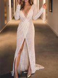 V-Neck Sparkly Sequin Long Sleeves Long Evening Party Prom Dresses PD219