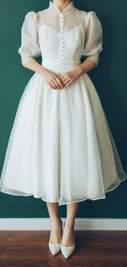 Vintage A-line Romantic Half Sleeves High Neck Simple Beach Wedding Dresses WD152