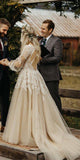 V-Neck Long Sleeve Rustic Wedding Dresses, Champagne Bridal Gowns WD008
