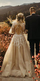V-Neck Long Sleeve Rustic Wedding Dresses, Champagne Bridal Gowns WD008