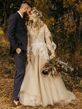 V-Neck Long Sleeve Rustic Wedding Dresses, Champagne Bridal Gowns WD008