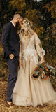 V-Neck Long Sleeve Rustic Wedding Dresses, Champagne Bridal Gowns WD008